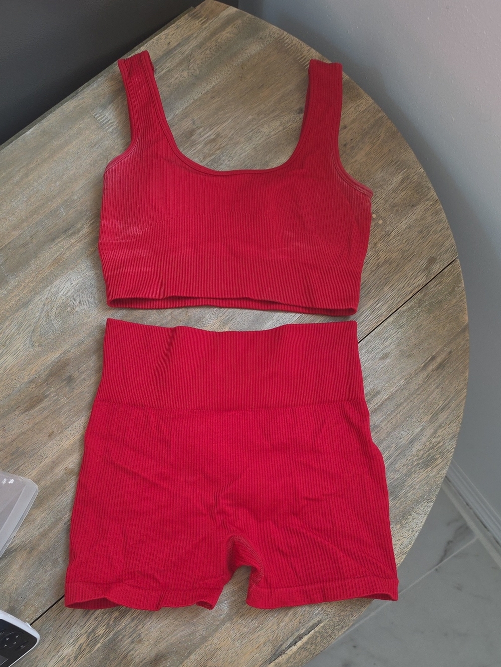 Red Ribbed Crop Padded Sports Bra Tank & High-Waist Butt Scrunch Shorts Set